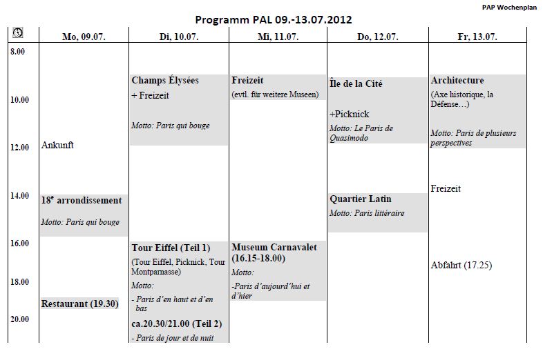 Wochenplan Paris 2012